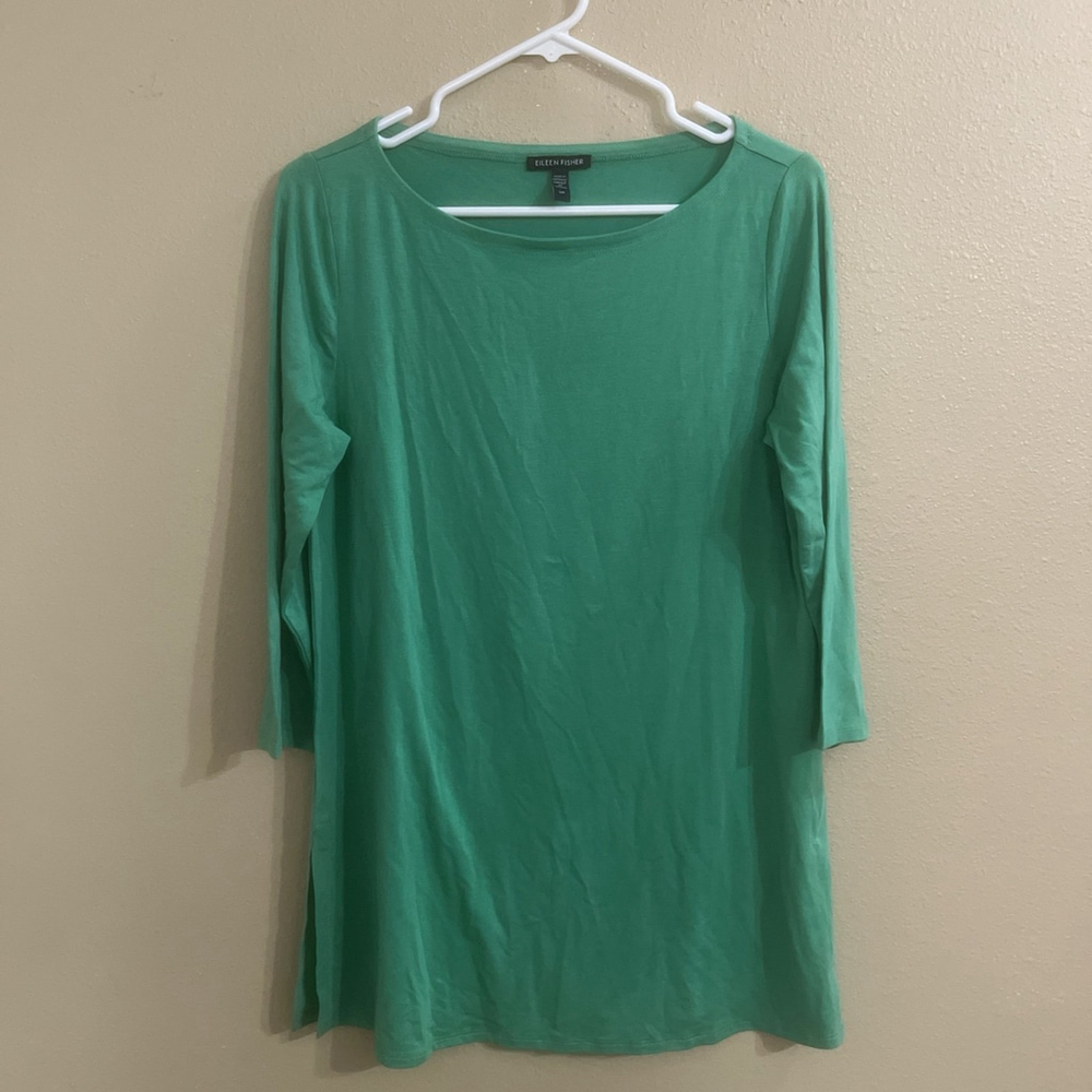 Eileen Fisher Women’s Small Tencel Green long sleeve tunic top with side slits